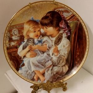 Vintage Sandra Kuck Plate Sisters Brushing Hair in Mirror Holding Cat